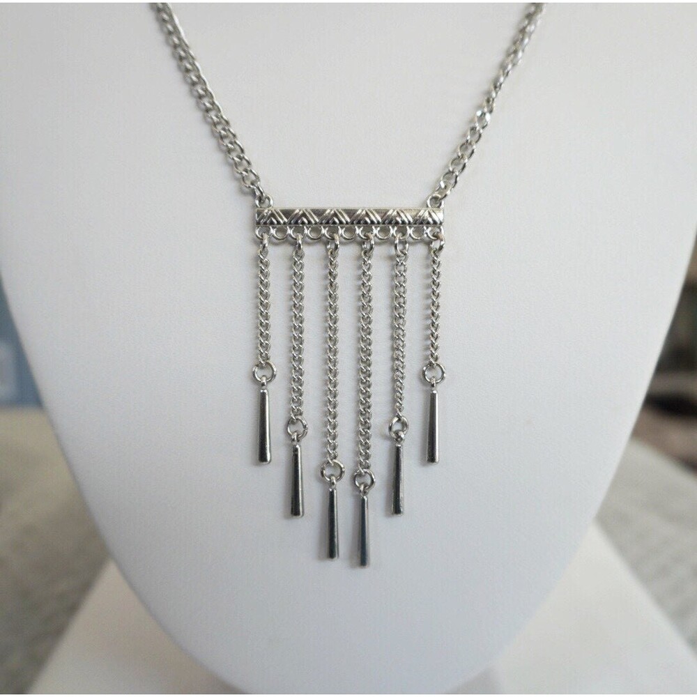 Bar Dangle Pendant Necklace Silver Tone
